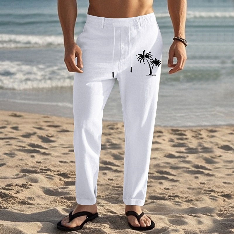 Men's Linen Pants Trousers Summer Pants Beach Pants Drawstring Elastic Waist Straight Leg Coconut Tree Comfort Breathable Full Length Daily Holiday Beach Vacation Fashion Black White4