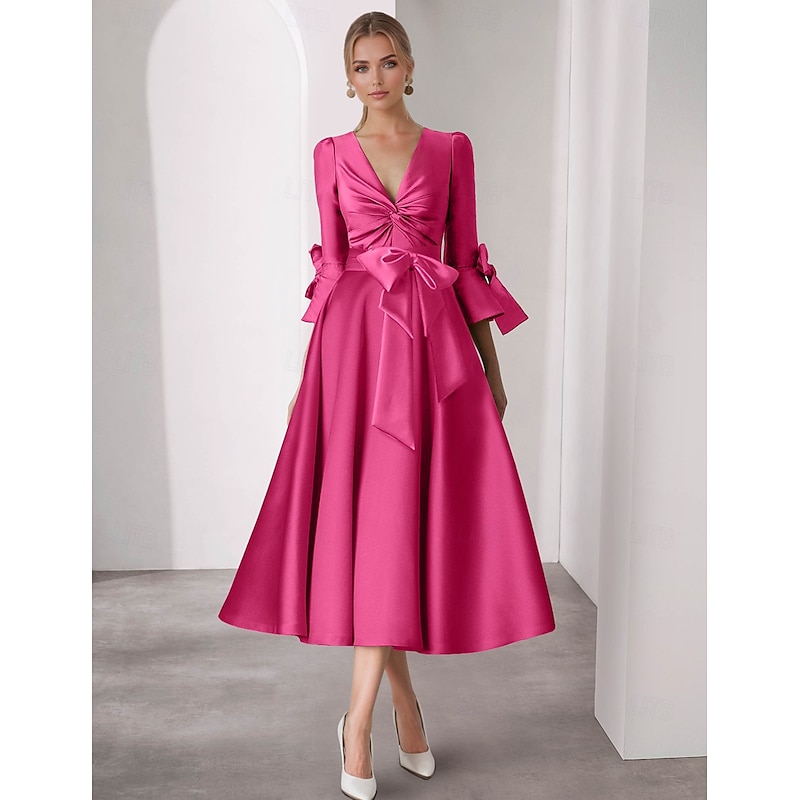 A-Line Cocktail Dresses Beach Wedding Elegant Dress Formal Tea Length 3/4 Length Sleeve V Neck Satin with Bow(s) Ruched Butterfly Dresses4