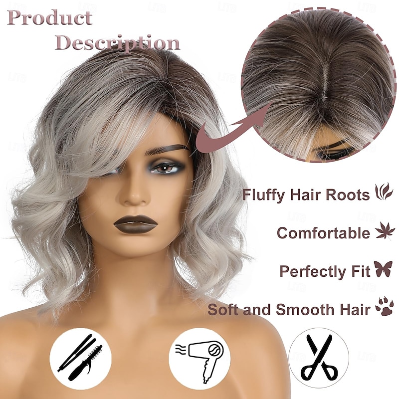 Wavy Curly Short Bob Wig With Bangs For Women Girls Daily Use Side Part Synthetic Hair Replacement Wigs Natural Looking3