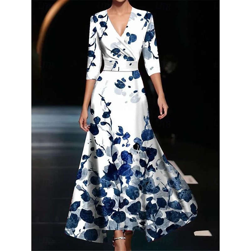 Women's Maxi Dress Casual Dress Swing Dress A Line Dress Casual Daily Regular Fit Floral 3/4 Length Sleeve V Neck White Champagne Red Spring Fall2