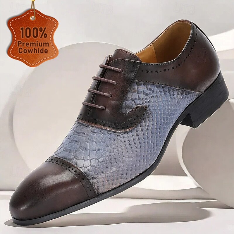 Men's Premium Cowhide Leather Dress Shoes – Genuine Crocodile Embossed Oxford with Classic Lace-Up Design for Formal Events