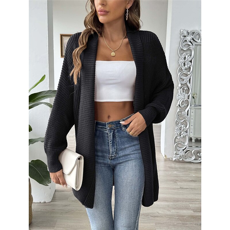 Women's Sweater Cardigan Casual Soft Pure Color Ribbed Open Front Beaded Knitted Long Sleeve Long Tops Knit Outdoor Daily Weekend Black Blue Fall Winter2