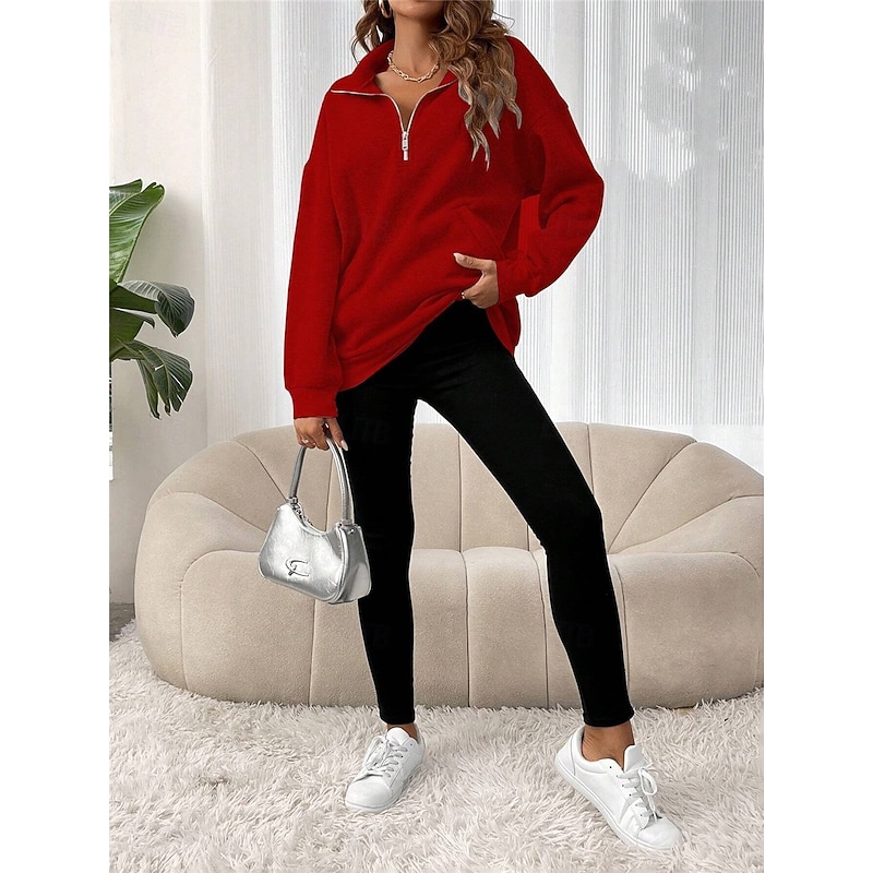 Women's Sweatshirt Casual Plain Street Dailywear Turtleneck Pocket Half Zip Long Sleeve Black Red Fall Winter4