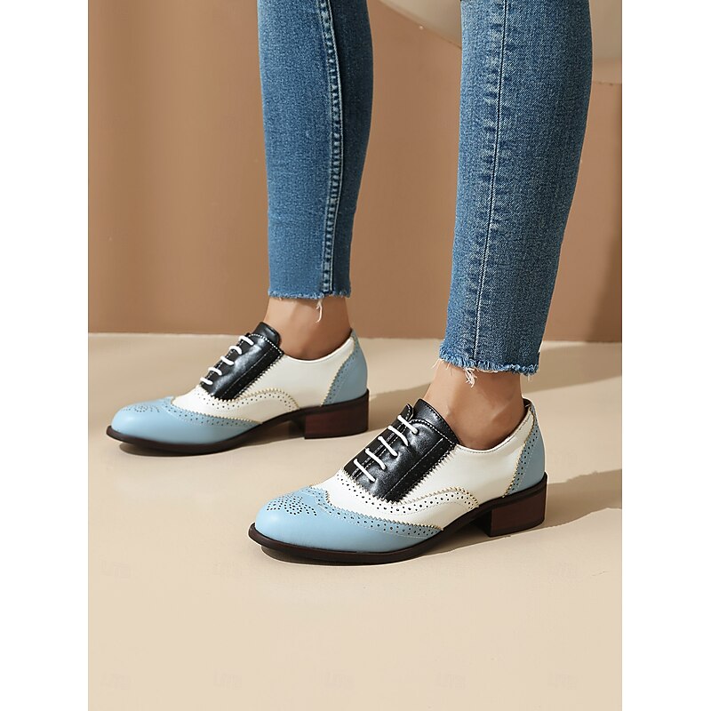 Women's Tri-Color Brogue Oxford Shoes with Wingtip Design and Low Heel - Vintage Formal Footwear for Office and Special Occasions 19