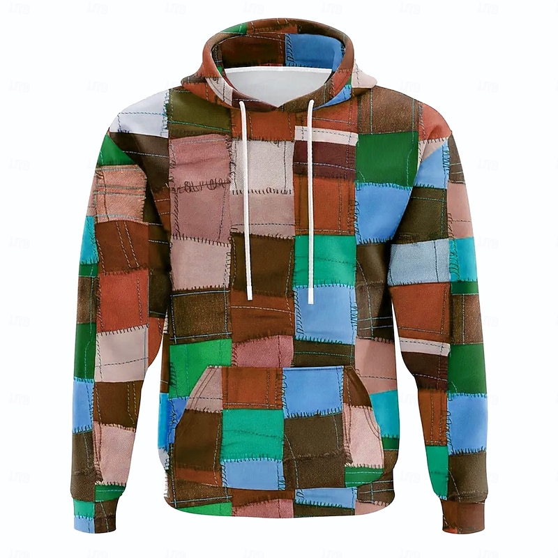 Men's Patchwork Hoodies Sweatshirt Fashion Cool Long Sleeve Crew Neck Holiday Going out Streetwear Blue Drawstring Fall Winter Designer2