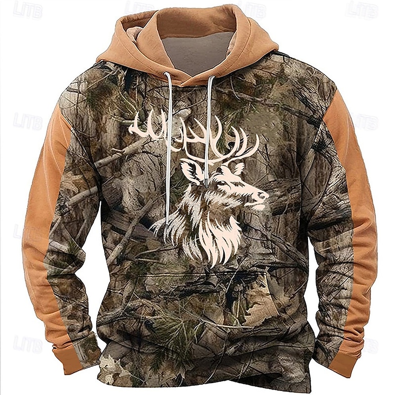 Men's Cowboy Deer Hoodies Daily Casual Long Sleeve Hooded Vacation Sports Outdoor Streetwear Black Yellow Print Front Pocket Spring &  Fall Designer2