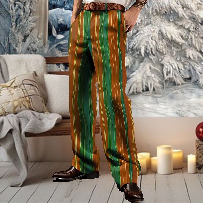 Christmas Men's Striped Dress Pants Mid Waist Casual Party Outdoor Home Zipper Pocket Straight Leg Trousers Summer Spring Fall 3D Print Pink Red Orange3