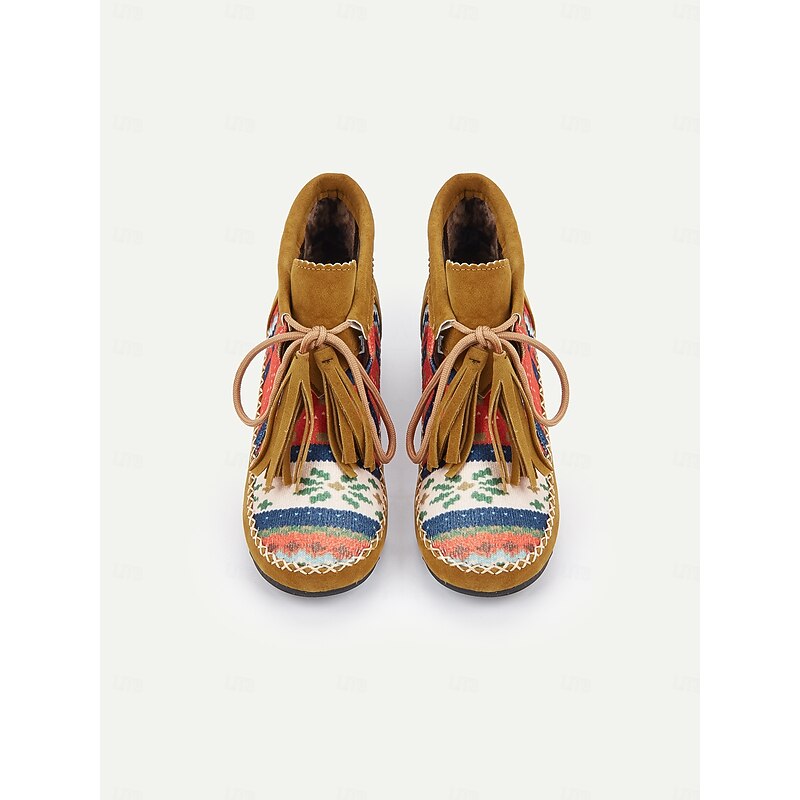 Women's Boho Ankle Boots with Ethnic Print Panels, Tassel Lace-Up Design, and Comfortable Low Sole – Perfect for Casual and Festival Wear4