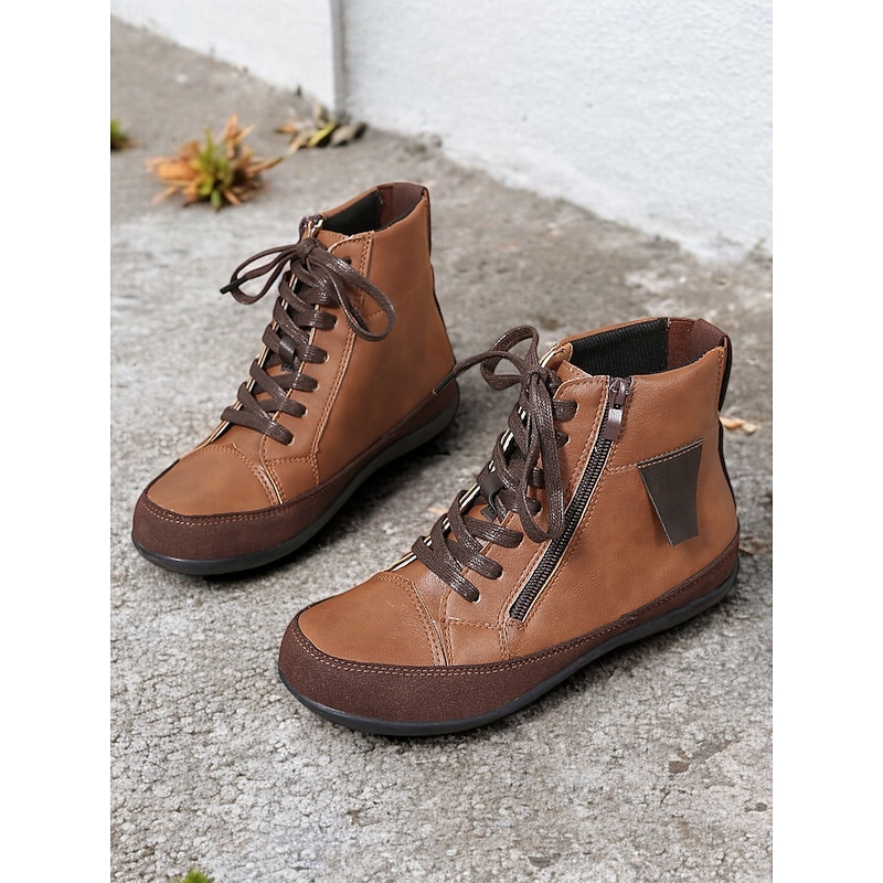 Women's Brown Lace-Up Ankle Boots with Side Zipper - Casual Faux Leather Design, Comfortable Sole, Perfect for Fall and Winter Everyday Wear