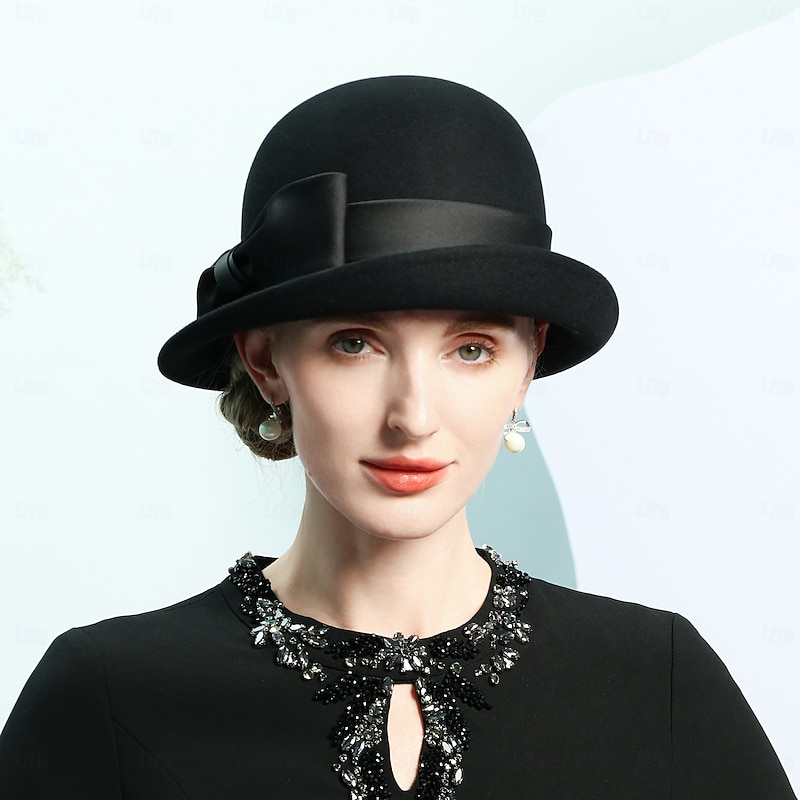 Hats 100% Wool Bowler / Cloche Hat Bucket Hat Top Hat Wedding Tea Party Elegant With Bowknot Pure Color Headpiece Headwear4
