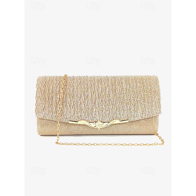 Elegant Gold Glitter Evening Clutch - Women's Party Handbag with Chain Strap and Decorative Metal Accent for Weddings and Formal Events