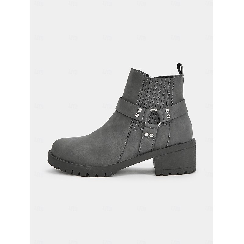 Women's Grey Ankle Boots – Stylish Block Heel with Strap Details, Side Zip, and Rugged Sole for Casual and Outdoor Wear2