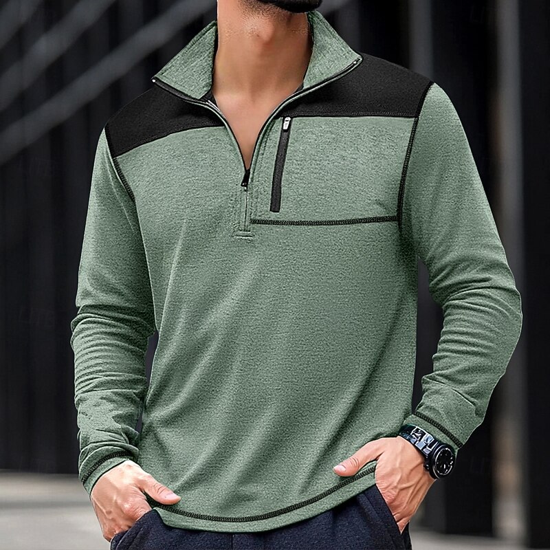 Men's T Shirt Zip Polo Tactical t shirt Tee Top Long Sleeve Quarter Zip Banded Collar Spring &  Fall Color Block Daily Casual Street Style Pocket Quarter Zip Outdoor Street Causal Blue Green Wine Top4