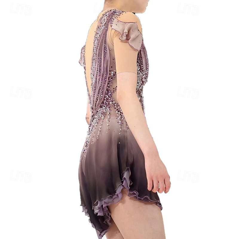 Figure Skating Dress Women's Girls' Ice Skating Dress Dusty Rose Patchwork Thumbhole Mesh Spandex Stretchy Training Practice Professional Skating Wear Thermal Warm Crystal / Rhinestone Long Sleeve3