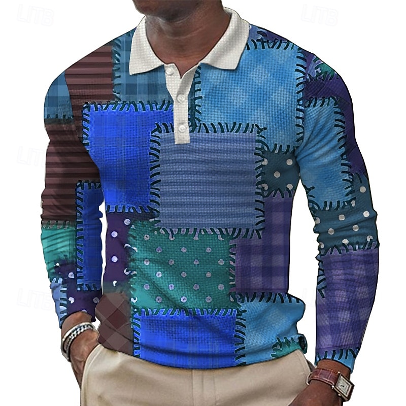 Men's Patchwork Waffle Polo Shirts Golf Shirt Long Sleeve Polo Shirts Collared Shirts Casual Party Evening Wear Dailywear Outdoor clothing Buttons 3D Print Spring Fall Winter Yellow Blue Purple2