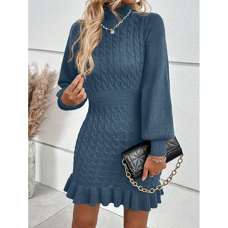 Women's Mini Dress Jumper Dress Elegant Casual Lantern Sleeve Vacation Party Regular Fit Plain Long Sleeve Turtleneck Red Blue Green Fall Winter3