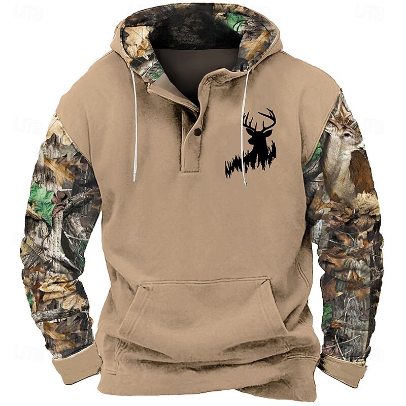 Men's Camo / Camouflage Deer Hoodie Sweatshirt Cowboy Casual Long Sleeve Hooded Hunting Streetwear Brown Green Pocket 3D Print Fall Winter Designer