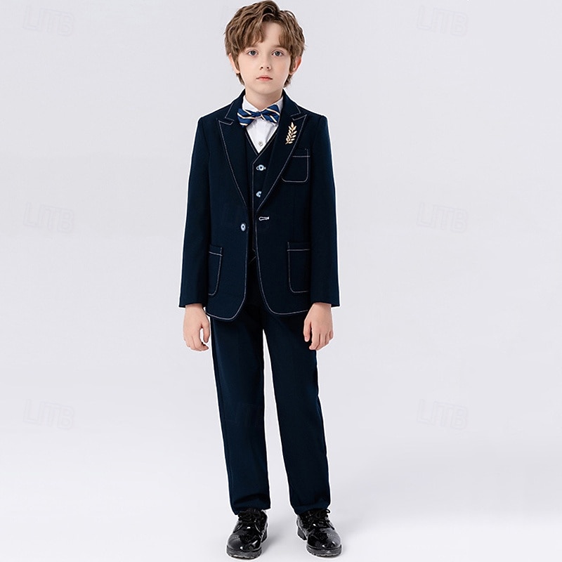 5 Pieces Ring Bearer Suit Boys Kids Suit Formal Suit Blazer & Vest & Pants & Brooch & Tie Formal Party Valentines Fashion Cool Solid Color Pocket Navy Blue Blue Polyester3