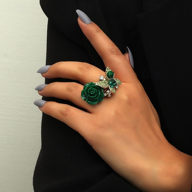 Women's Boho Chic Vintage-Inspired 3D Rose and Butterfly Cocktail Ring - Perfect for Parties and Everyday Wear