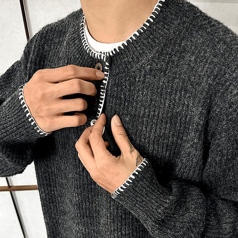 Men's Sweater Pullover Sweater Jumper Fair Isle Sweater Fall Sweater Casual Sweater Ribbed Knit Buttons Color Block Henley Knitwear Daily Home Office / Career Clothing Apparel Drop Shoulder Winter3
