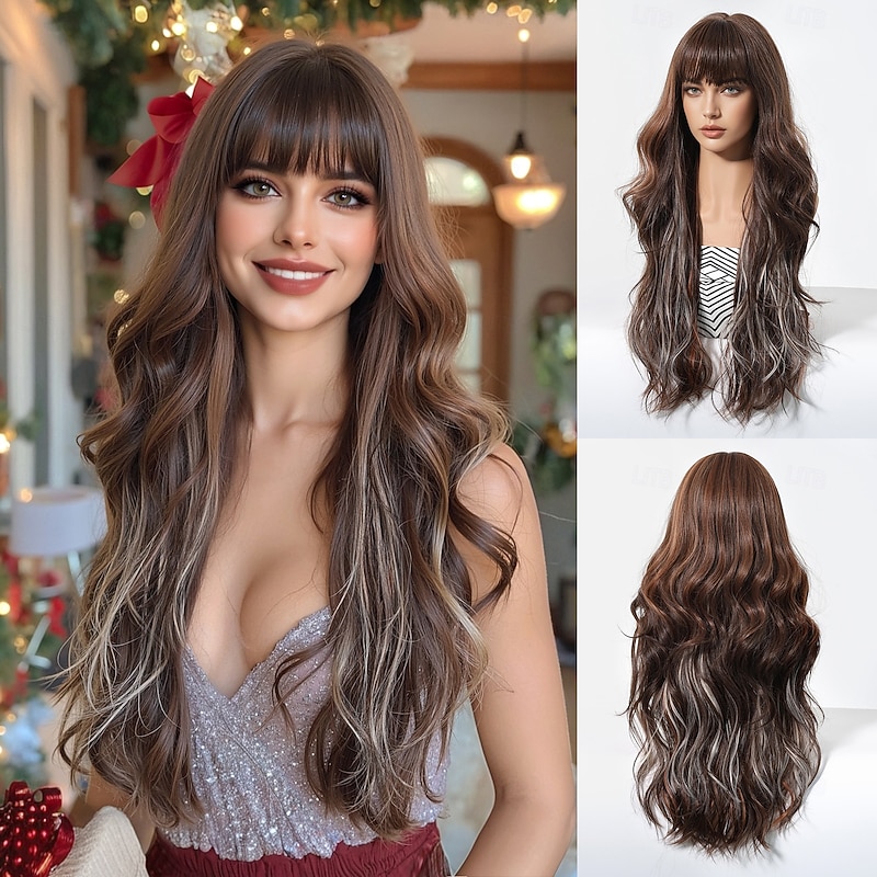 Synthetic Wig Uniforms Career Costumes Princess Curly Body Wave Layered Haircut Neat Bang With Bangs Machine Made Wig 26 inch Light Brown Synthetic Hair Women's Cosplay Party Fashion Light Brown
