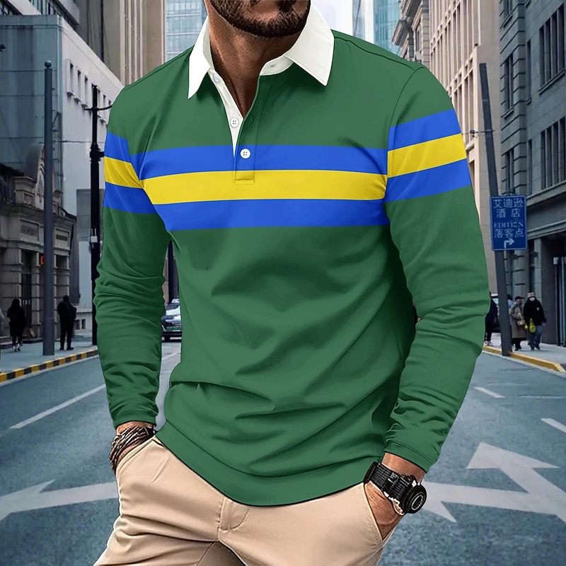 Men's Polo Shirts Golf Polos Shirts Street Business Classic Long Sleeve Fashion Basic Color Block Stripes Buttons Fall Winter Regular Fit Navy Blue Green Polo Shirts
