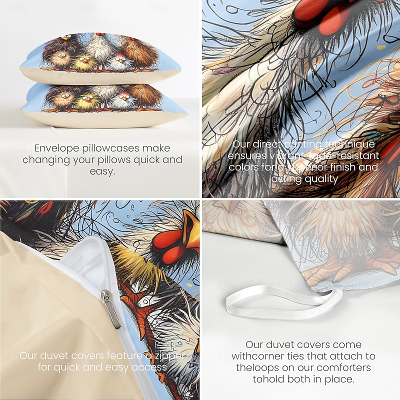 Rooster Funny Duvet Cover Set 100% Cotton Soft and Comfortable Bedding Set with Fun Rooster Print Cozy and Stylish Perfect for Bedroom Decor Easy Care and Machine Washable3