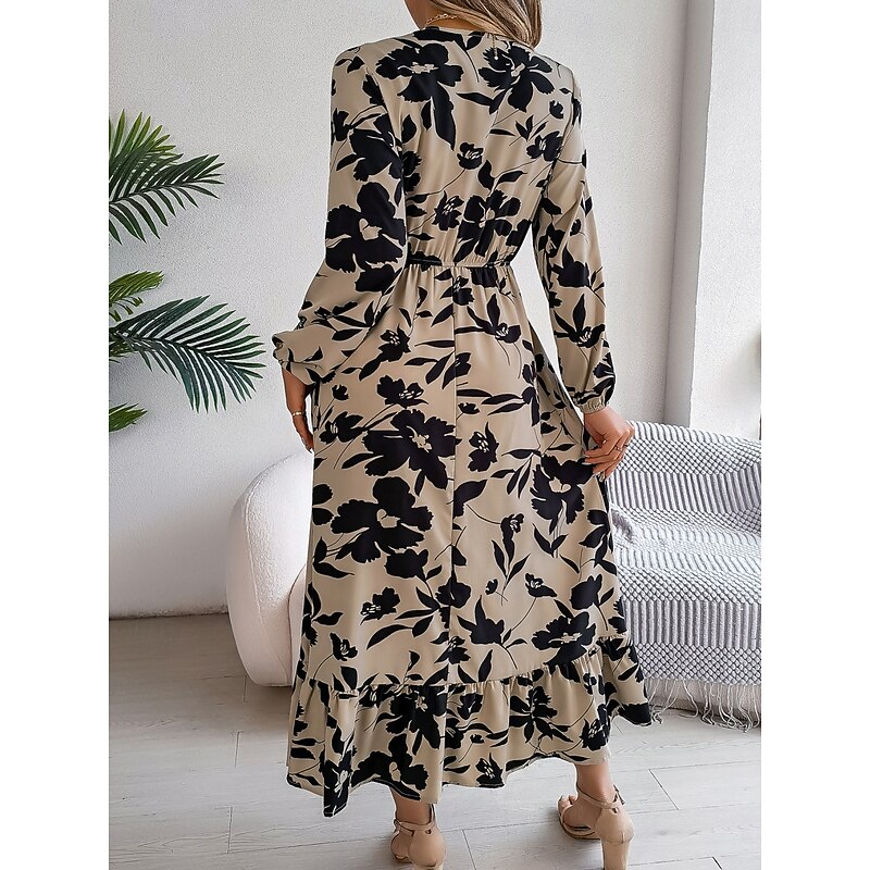 Women's Midi Dress Casual Dress Swing Dress A Line Dress Stylish Casual Vacation Daily Regular Fit Leaf Long Sleeve V Neck Wine Khaki Spring Fall2