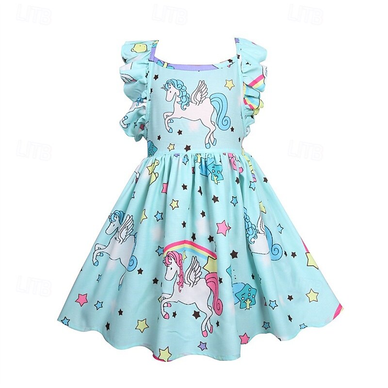 Kids Girls' Dress Unicorn Sleeveless Outdoor Casual Ruffle Fashion Adorable Cotton Above Knee Casual Dress A Line Dress Summer Spring 4 years+ Light Green Pink Purple4