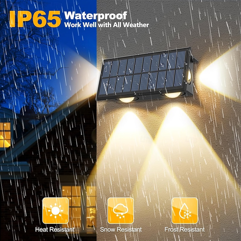 2pcs Outdoor Solar Waterproof Wall Lamp - 4 LED Beams for Courtyard, Balcony, Fence, Steps, Eaves and Porch Lighting