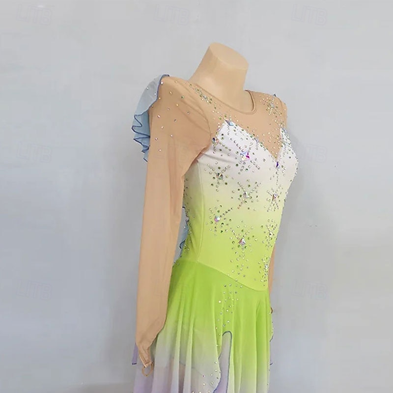 Figure Skating Dress Women's Girls' Ice Skating Dress White Green Patchwork High Elasticity Training Competition Skating Wear Classic Crystal / Rhinestone Long Sleeve Ice Skating Figure Skating2