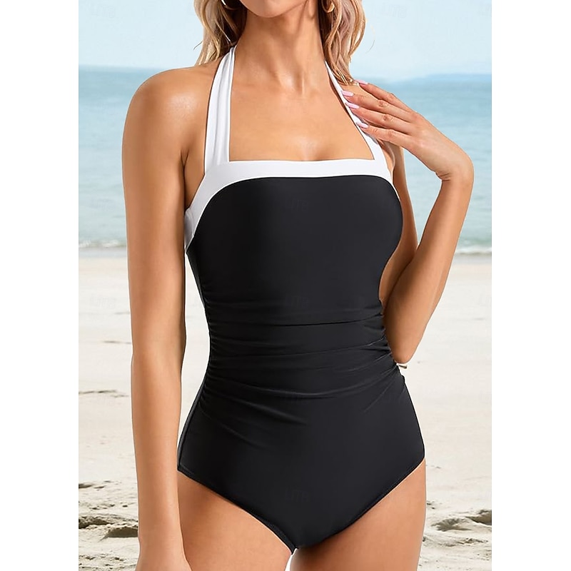 Women's Swimwear One Piece Monokini Swimsuit Backless Tummy Control Slim Vacation Beach Wear Solid Color Color Block Halter Neck Sleeveless Bathing Suits3
