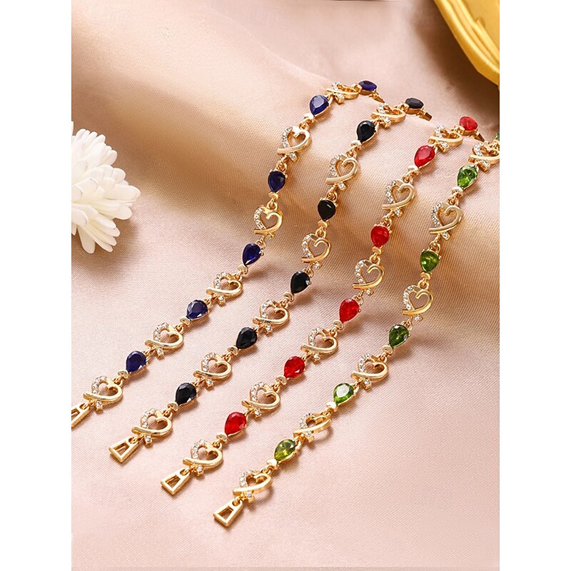 Women's Gold Bracelet with Red Teardrop Crystals and Heart-Shaped Accents, Elegant Romantic Design for Valentine's Day Gift, Weddings, and Special Occasions2