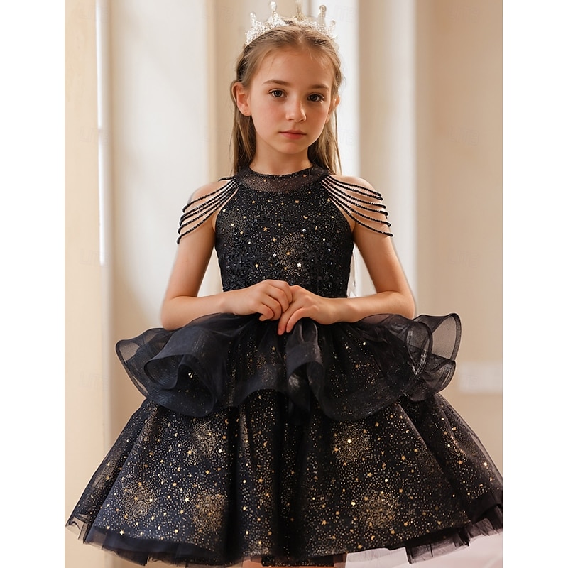 Princess Knee Length Flower Girl Dress Pageant & Performance Girls Cute Prom Dress Sequined with Solid Color Tiered Plisse Fit 3-16 Years2