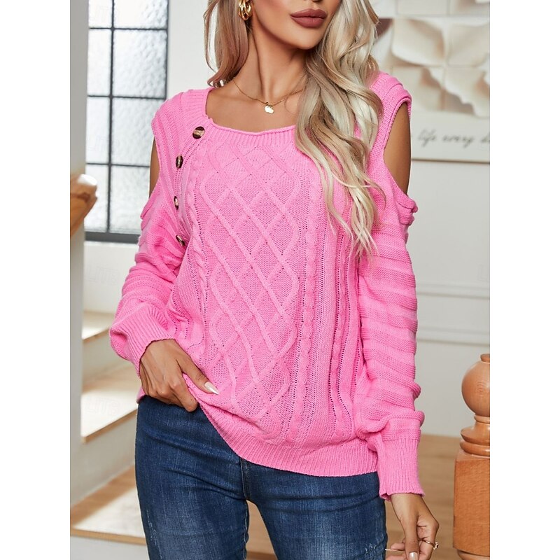 Women's Sweater Casual Soft Pure Color Cable Crew Neck Buttons Knitted Cold Shoulder Long Sleeve Regular Tops Knit Outdoor Daily Weekend White Pink Spring Fall3