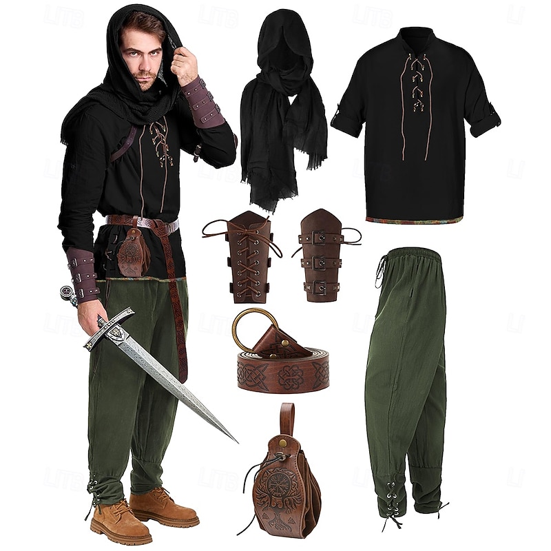 Retro Vintage Medieval Renaissance Armor Outfits Shirt Pirate Ranger Fancy Dress Men's Viking Fantasy Halloween Carnival Mardi Gras Performance Party LARP Adults' Shirt Pants Shawl