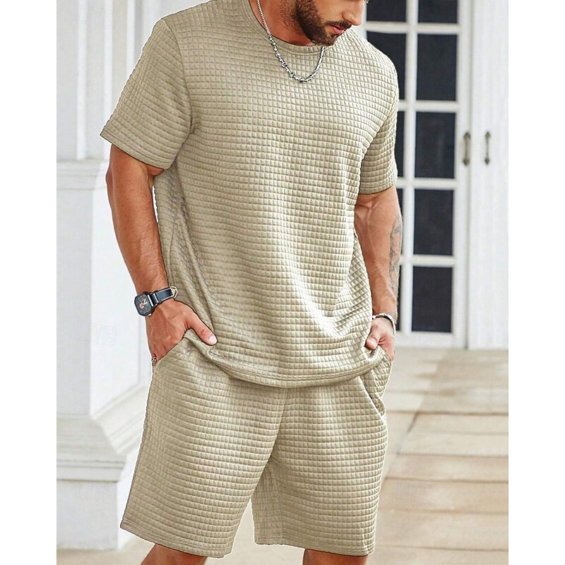 Men's Waffle Shirt T-shirt Suits 2 Pieces Outfits Tee & Shorts Short Sleeve Crew Neck Summer Plain Fashion Casual 2 Piece Vacation Daily Wear Going out Black White khaki Top Tee for Men3