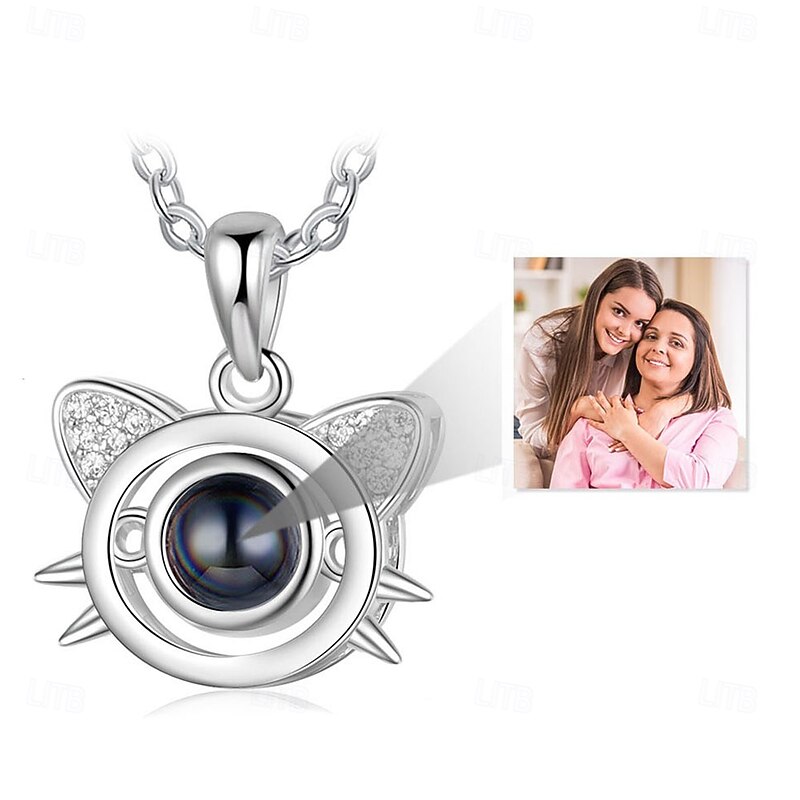 Personalized Projection Necklace Custom Best Gift for Mom – Cat Shaped Hollow Pendant for Couples, Ideal Wedding or Mother's Day Gift for Pet Lovers