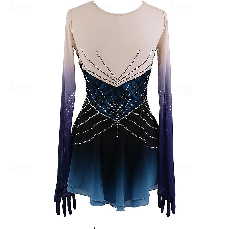 Figure Skating Dress Women's Girls' Ice Skating Dress Dark Blue High Elasticity Training Competition Skating Wear Classic Crystal / Rhinestone Long Sleeve Ice Skating Figure Skating2