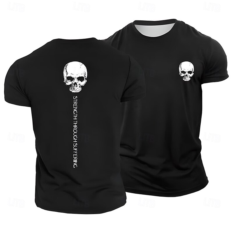 Mens Short Sleeve Black T-Shirt with Skull Graphic & 'Strength Through Suffering' Motivational Quote for Gym Workout Lifestyle