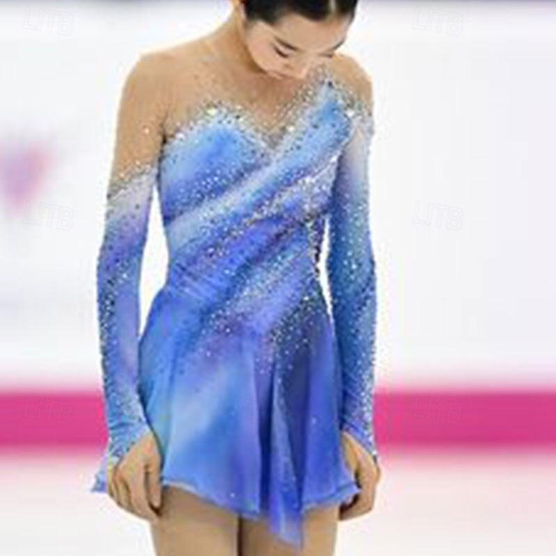 Figure Skating Dress Women's Girls' Ice Skating Dress Sky Blue Asymmetric Hem Mesh High Elasticity Training Competition Skating Wear Classic Crystal / Rhinestone Long Sleeve Ice Skating Figure Skating