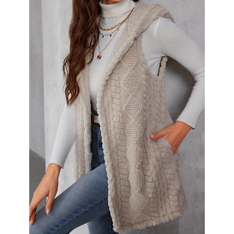 Women's Fleece Vest Warm Breathable Fleece Lined Casual Plain Vacation Street Daily Wear Going out Open Front Regular Hoodie Regular Fit Sleeveless Outerwear Apricot Fall Winter