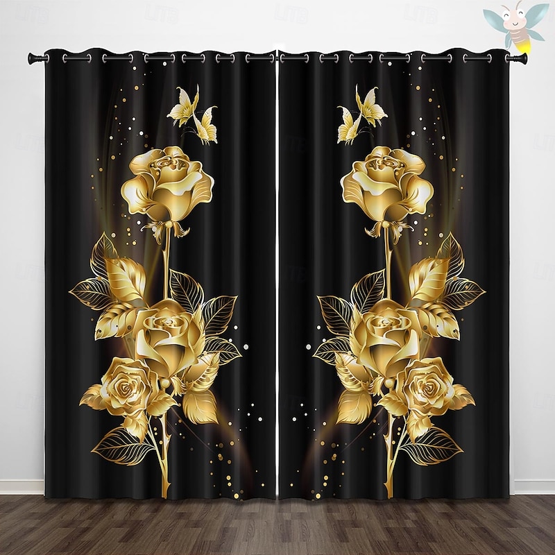Golden Rose Peacock Insulated Outdoor Balcony Rest Living Room Home Decoration 2-piece Set 3D Digital Printing Perforated Shade Curtains