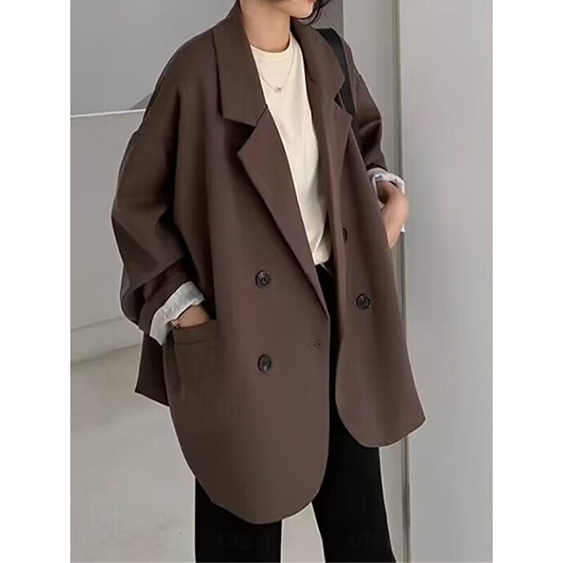 Women's Blazer Breathable Comfortable Patchwork Pocket Daily Modern Solid Color Work Casual Daily Regular Turndown Regular Fit Long Sleeve Outerwear Black Ivory Brown Fall Winter