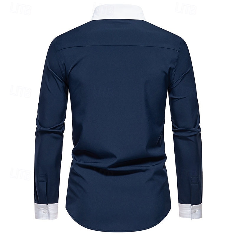 Men's Shirt Dress Shirt Button Up Shirt Color Block Wedding Party Black White Navy Blue Blue Long Sleeve Lapel Spring &  Fall Clothing Apparel3