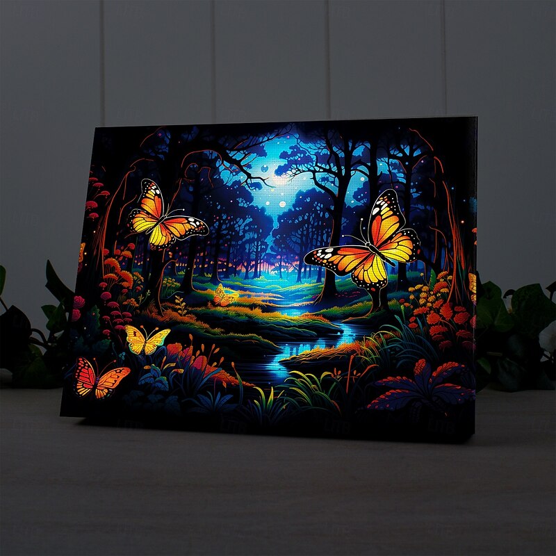 Trippy LED Canvas Wall Art LED Lighted Up Wall Decor 2AA Battery Operated Lighted Canvas Print LED Light Kitchen Bedroom or Home Decor Butterflies Forest