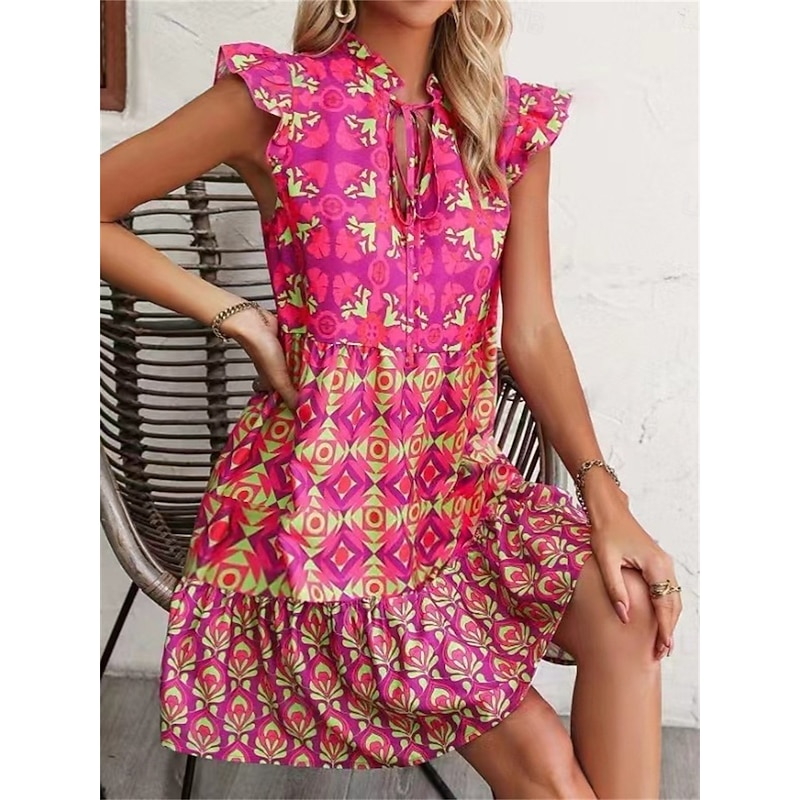Women's Boho Graphic V Neck Mini Dress Sleeveless Summer Spring4