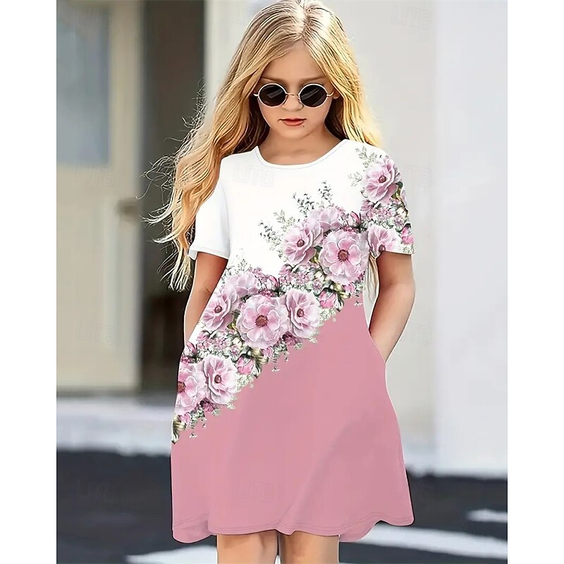Easter Girls' 3D Graphic Flower Dress Short Sleeve Summer Spring Vacation Daily Holiday Princess Beautiful Sweet Kids 4-12 Years Casual Dress Knee-length Regular Fit