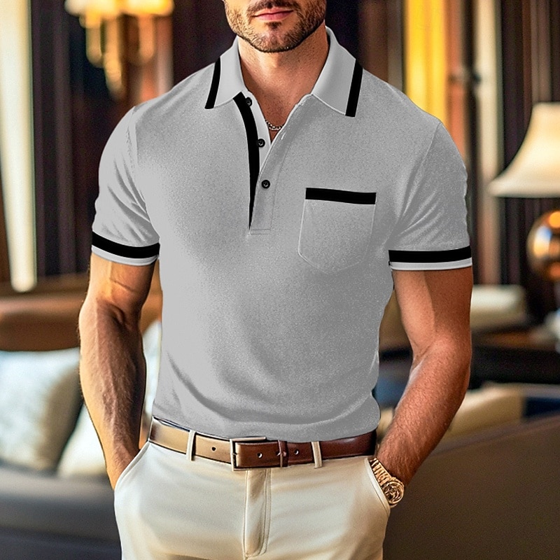 Men's Polo Shirts Golf Shirt Formal Business Lapel Short Sleeve Basic Comfortable Color Block Patchwork Front Pocket Summer Spring Regular Fit Light Blue White Burgundy Navy Blue Gray Polo Shirts - Main Image