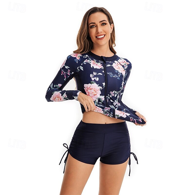 Women's Rash guard Swimsuit UV Sun Protection UPF50+ Lightweight Long Sleeve Spandex Swimwear Swimsuit 2 Piece Front Zip Swimming Surfing Beach Water Sports Floral Summer Spring Autumn3